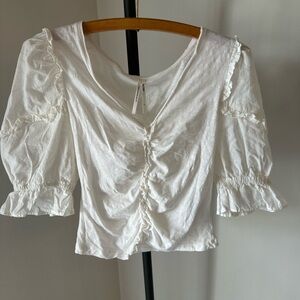Anthropologie White Puff Sleeve Ruched Blouse